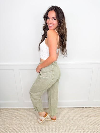 Dare Me High-Rise Cotton Barrel Leg Green Avery Mae Bottoms