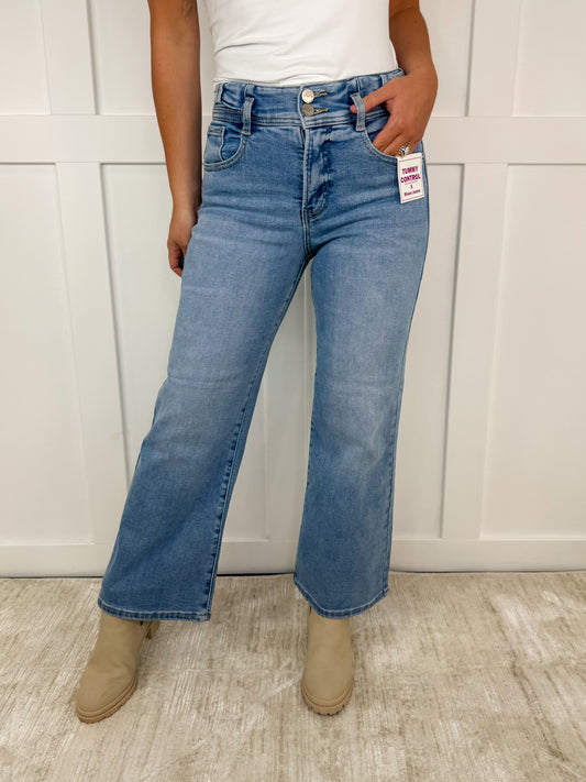 Risen Caitlyn Tummy Control High-Rise Cropped Wide Leg Medium Wash Jeans