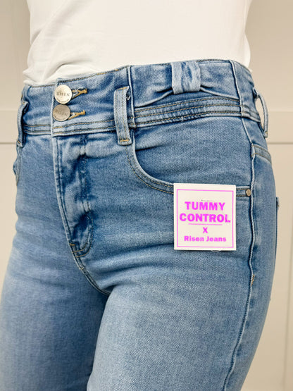 Jean large court taille haute délavé moyen Risen Caitlyn Tummy Control