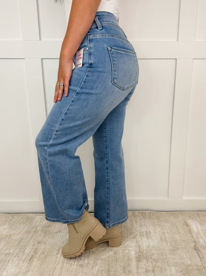 Jean large court taille haute délavé moyen Risen Caitlyn Tummy Control