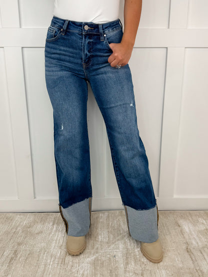 Jean large taille haute bleu foncé effet vieilli Risen April