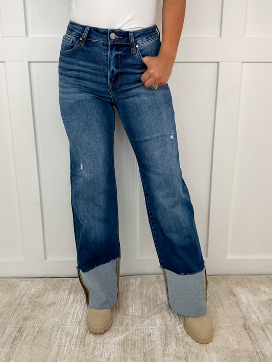 Risen April Distressed High-Rise Wide Leg Dark Wash Blue Jeans