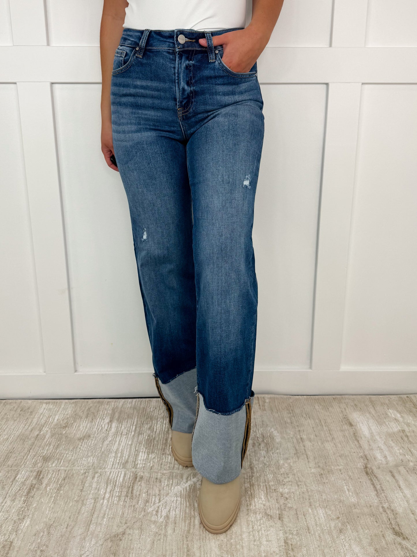 Jean large taille haute bleu foncé effet vieilli Risen April