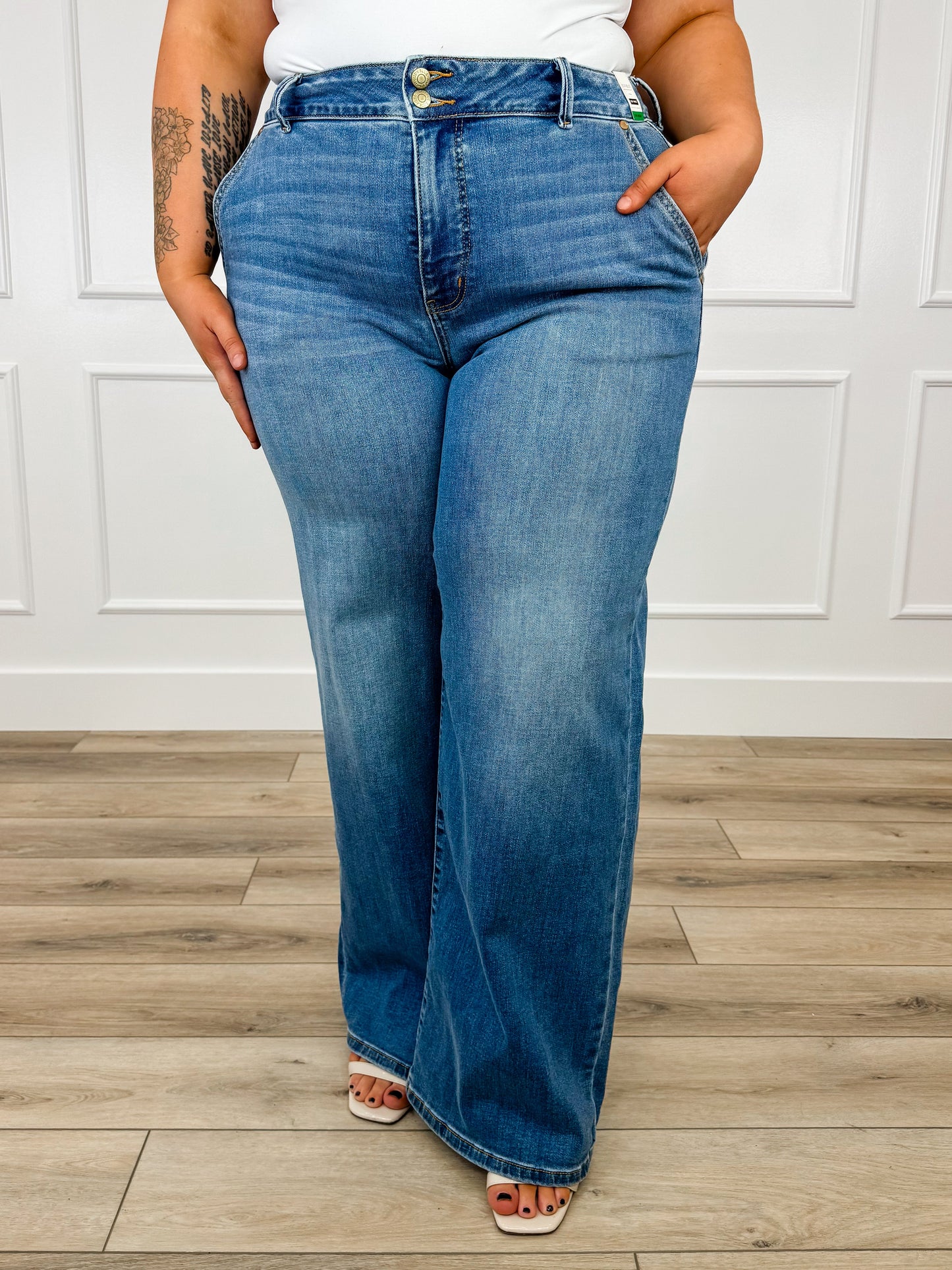 Judy Blue Bristol High-Rise Trouser Column Jeans - Medium Wash (Multiple Inseams, Double Button, Non-Distressed)