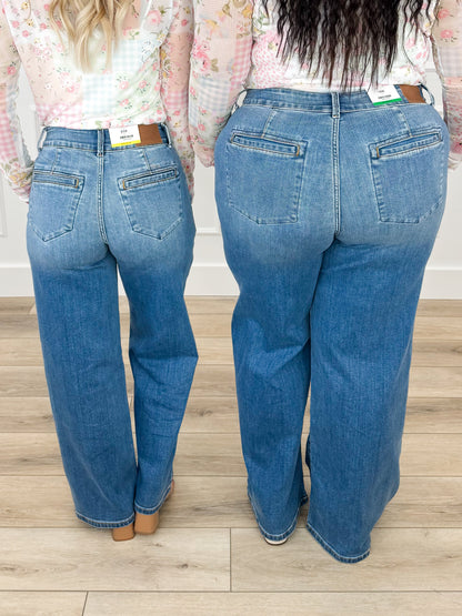 Judy Blue Bristol High-Rise Trouser Column Jeans - Medium Wash (Multiple Inseams, Double Button, Non-Distressed)