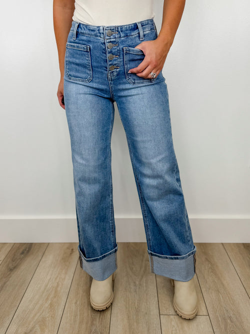 Jean à pattes larges taille haute boutonné délavage moyen Risen Nova