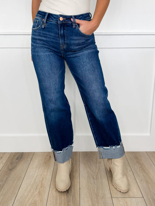 Jeans bleu foncé délavé style boyfriend à revers taille haute Risen Julie