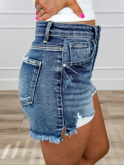 Short en jean taille haute Risen Suri - Délavage moyen (Ourlet effiloché, Détruit)