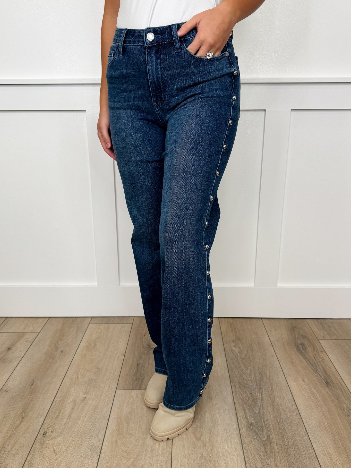 Judy Blue Sophia High-Rise Embellished Straight Leg Dark Wash Jeans