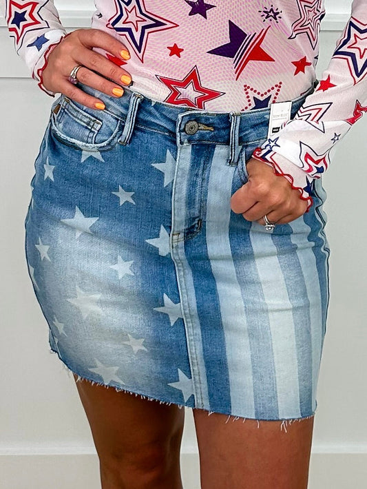 Judy Blue Celia High-Rise Medium Wash Flag Print Skirt