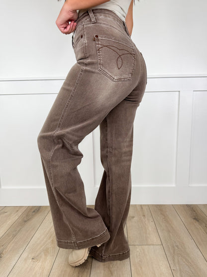 Judy Blue Claire High-Rise Criss Cross Waist Retro Wide Leg Mocha Jeans