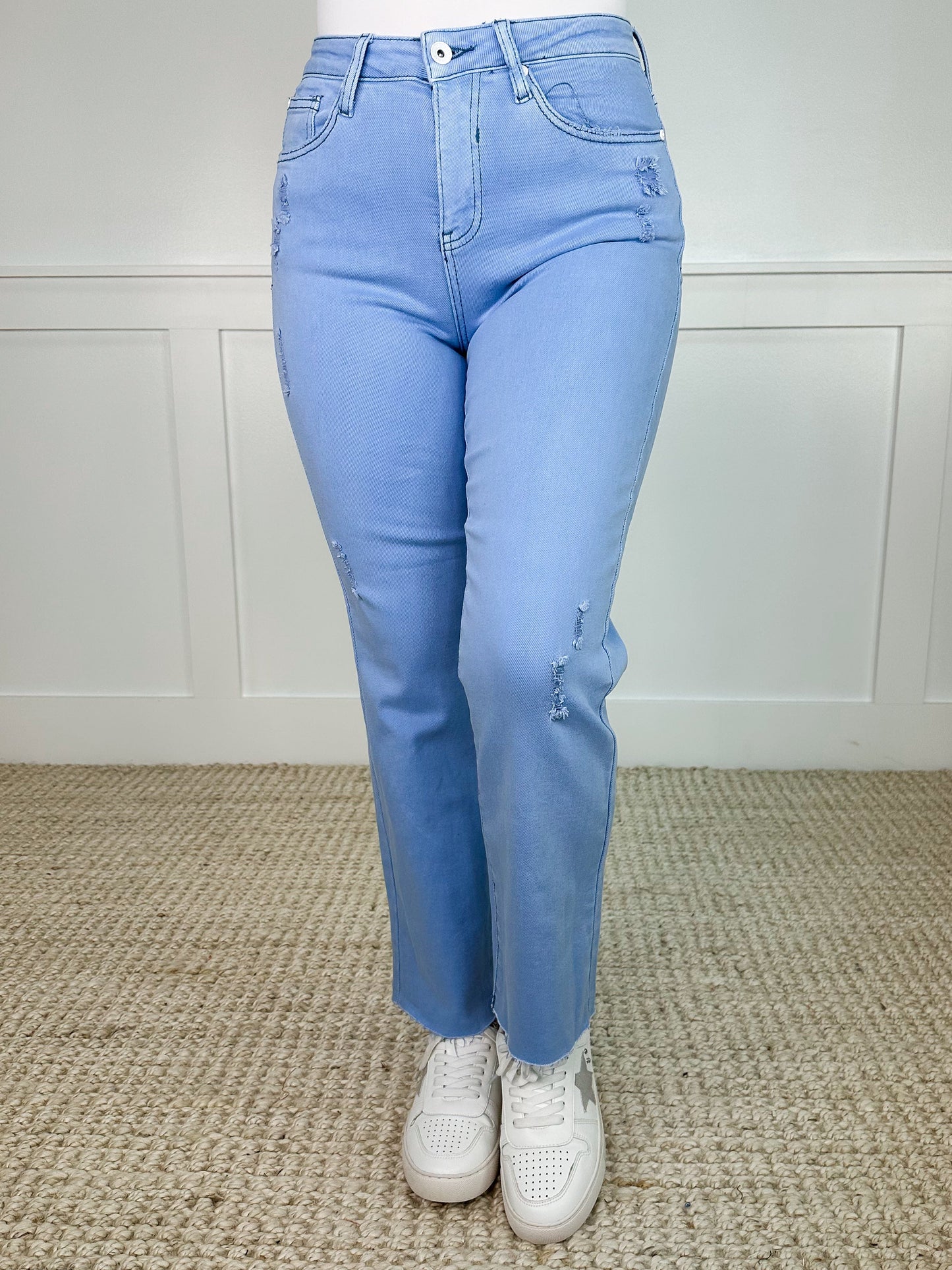 Jean coupe droite femme Saige Girl effet vieilli taille haute ourlet brut Sky Avery Mae