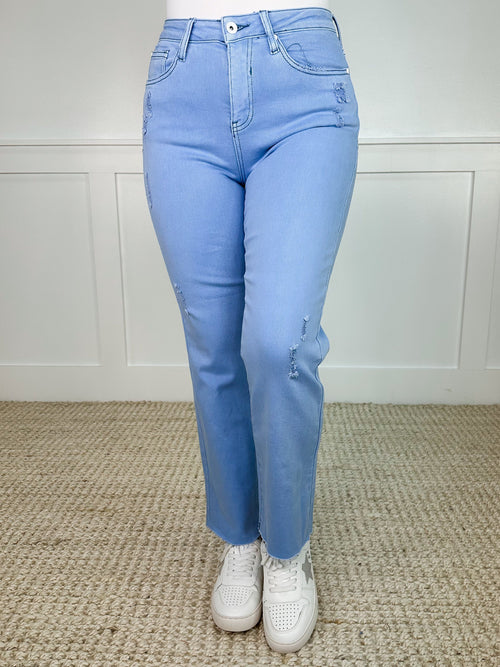 Jean coupe droite femme Saige Girl effet vieilli taille haute ourlet brut Sky Avery Mae