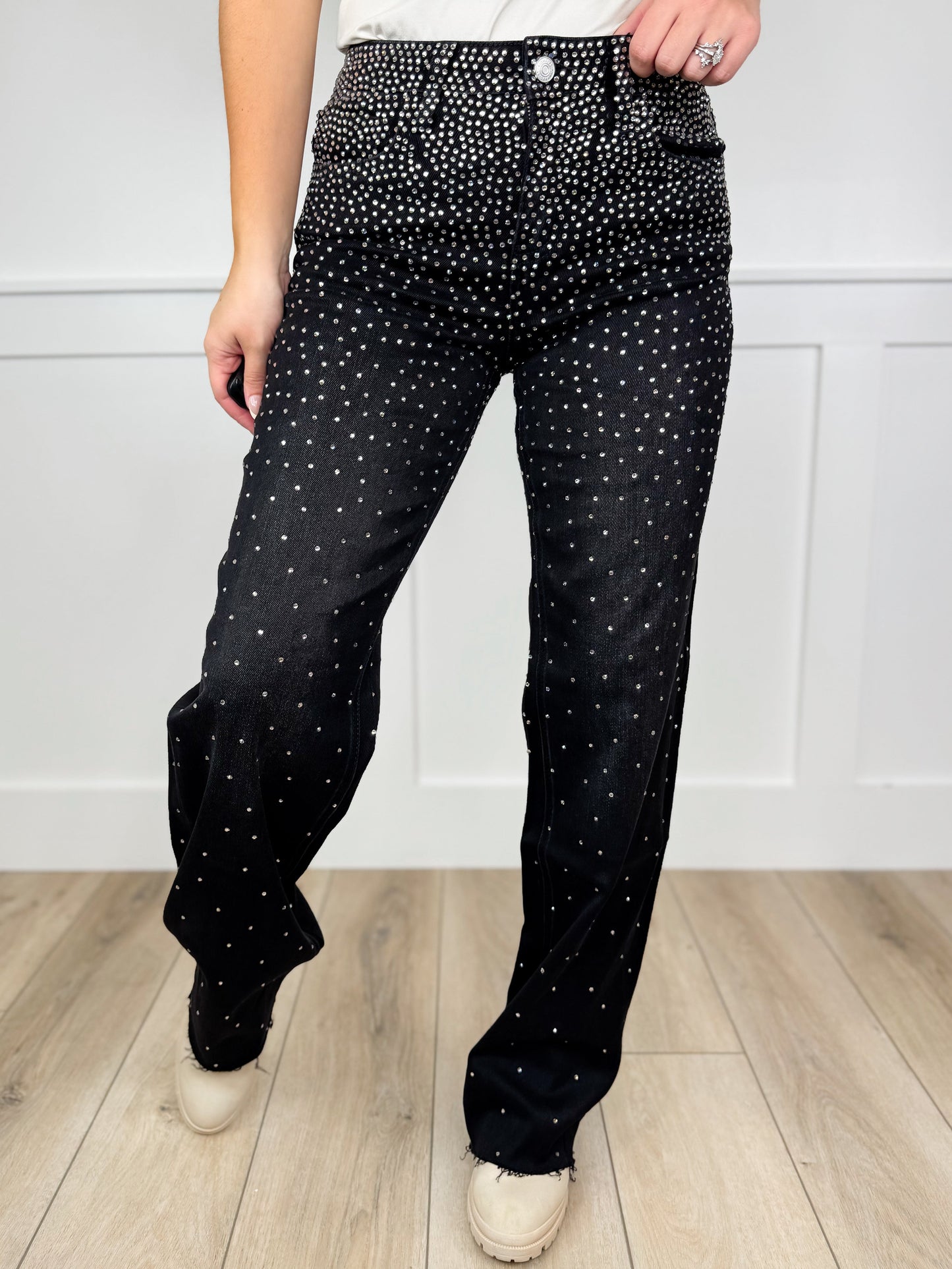 Vervet Flying Monkey Emmy High-Rise Slim Wide Jeans - Black (Rhinestone, Raw Hem, Non-Distressed)