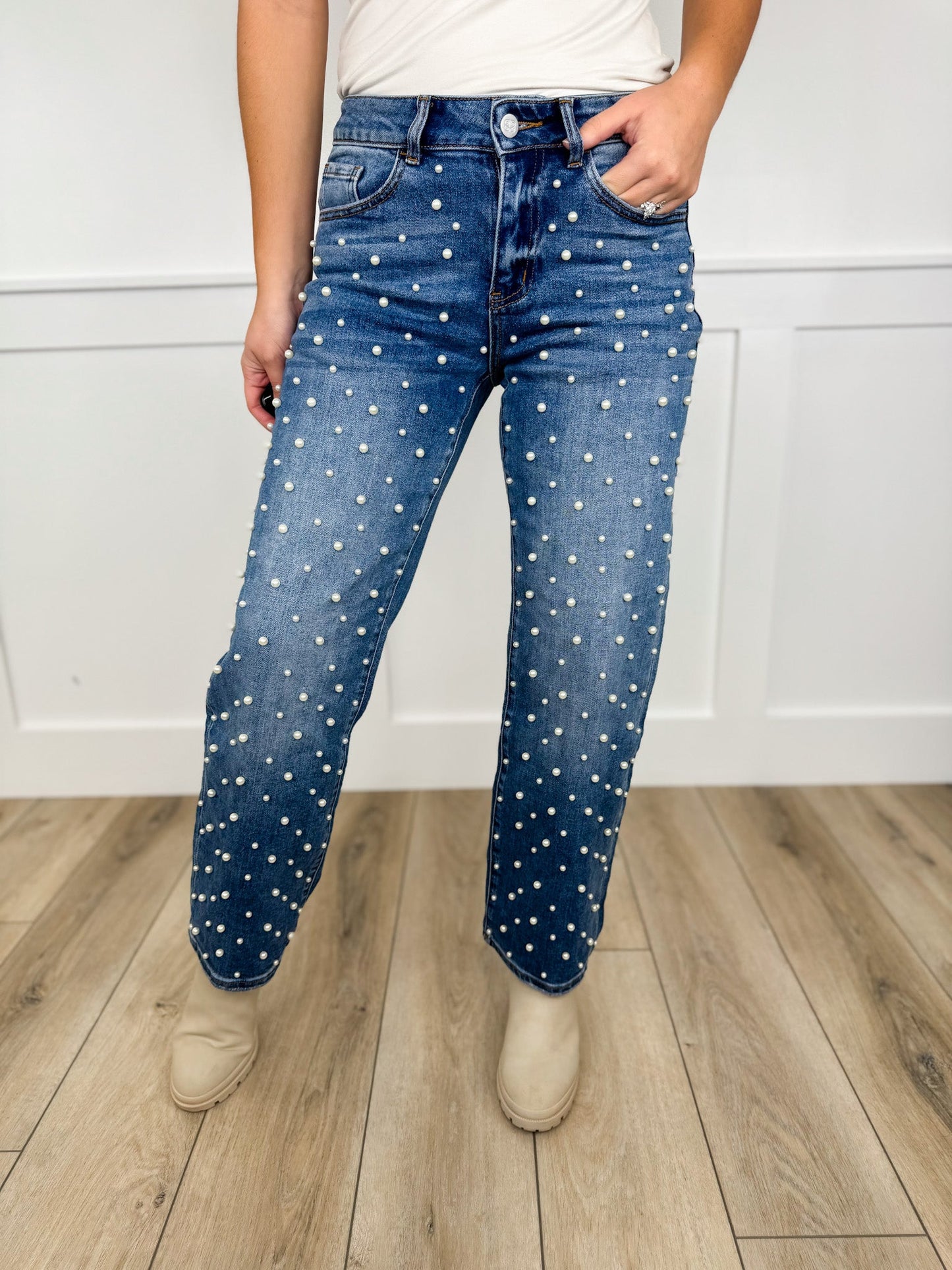 Jean Paige coupe droite taille haute délavage moyen bleu perlé
