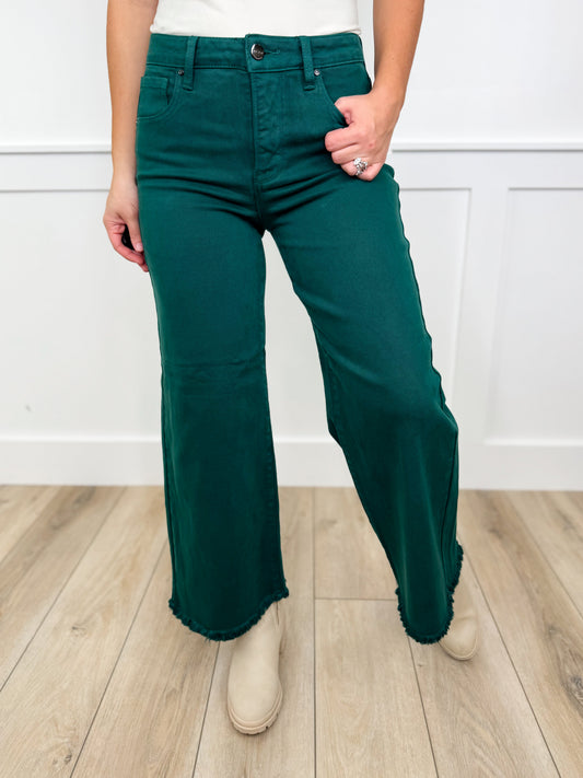 Risen Shana Tummy Control High-Rise Fray Hem Wide Leg Green Cropped Jeans