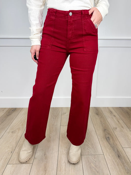 Risen Faith High-Rise Ankle Flare Wine Jeans