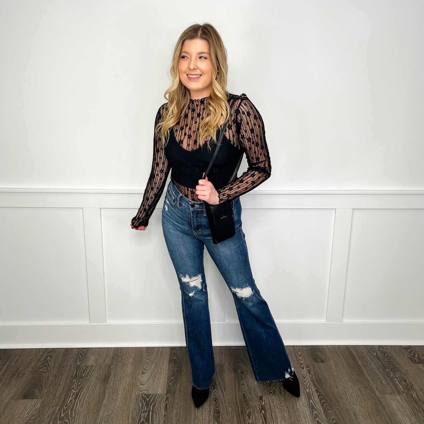 Judy Blue Ellie Tummy Control Distressed High-Rise Raw Hem Flare Dark Wash Jeans