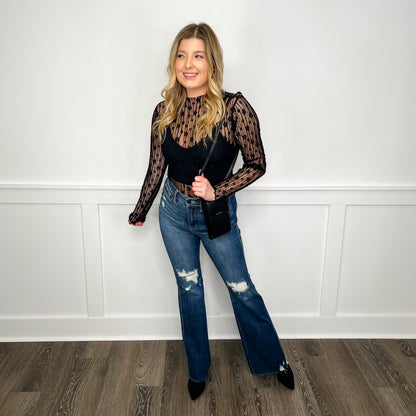Judy Blue Ellie Tummy Control Distressed High-Rise Raw Hem Flare Dark Wash Jeans