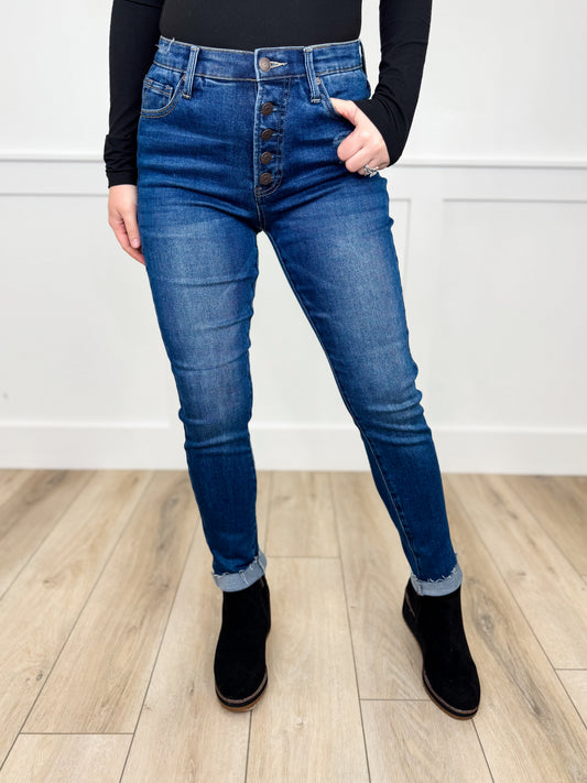 Saige Lana Tummy Control Distressed High-Rise Button Fly Raw Hem Skinny Dark Wash Avery Mae Blue Jeans