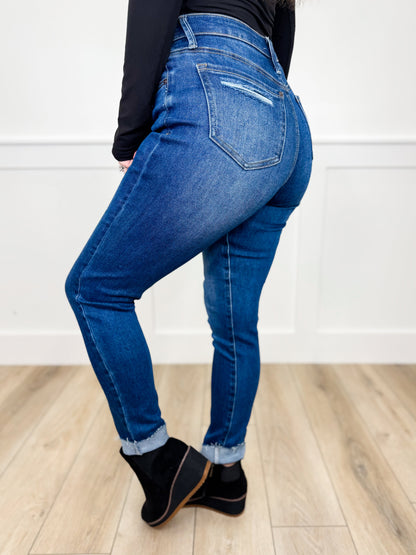 Saige Lana Jean slim Avery Mae bleu foncé délavé, taille haute, avec contrôle du ventre, braguette boutonnée et ourlet brut