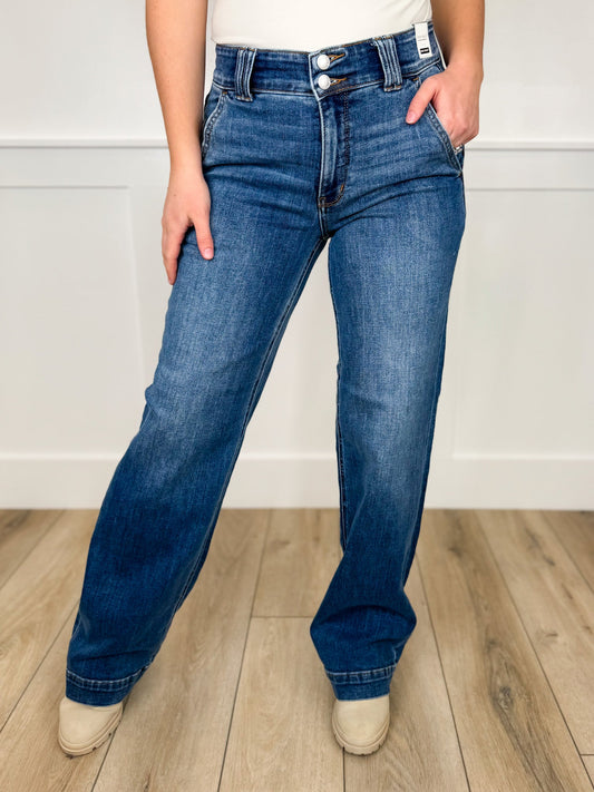 Judy Blue Kira High-Rise Double Button Wide Leg Medium Wash Jeans