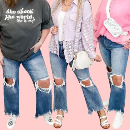 Jeans coupe droite courte taille haute Risen Kristi - Délavage moyen (effet vieilli)