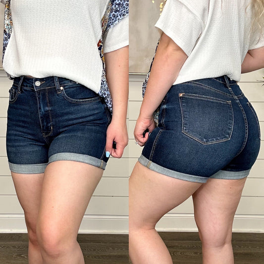 Judy Blue Merry Tummy Control High-Rise Moisture Control Dark Wash Shorts