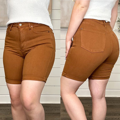 Judy Blue Tess Tummy Control Bermuda Denim Shorts - Brown (Non-Distressed)